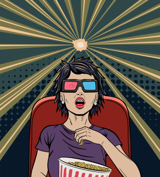 Woman Watching Movie Pop Art Poster Beautiful Woman in Purple T-Shirt Watching 3D Movie and Eating Popcorn. Girl in Pop Art Comic Style Holding Popcorn Bucket while Looking on the Silver Screen in Dark Movie Hall.  Cinema Advertising Template. Vector illustration. Ideal for Print. 3 d glasses stock illustrations