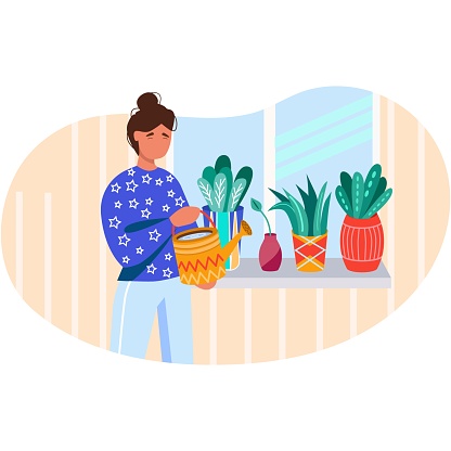 Woman watering houseplant with can flat vector