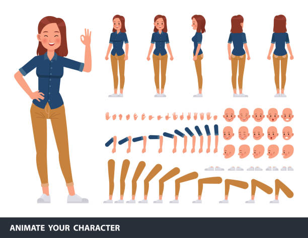Woman wear blue jeans shirt character vector design. Create your own pose. Woman wear blue jeans shirt character vector design. Create your own pose. woman portrait stock illustrations