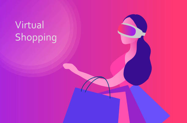 woman wearing virtual reality  goggle glass shopping online vector illustration. metaverse 3d experience tecnology  in shopping world - metaverse 幅插畫檔、美工圖案、卡通及圖標