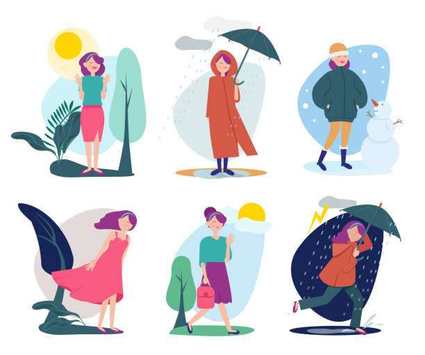 stockillustraties, clipart, cartoons en iconen met het weer van de vrouw. seizoengebonden mensen die met paraplu de zomer koude regenachtige glanzende winderige openluchtvectorpersoon lopen - rain woman sun