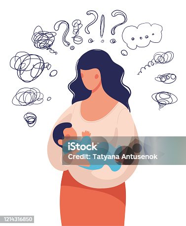 istock A woman with a child in her arms asks herself many questions. Conceptual illustration about postpartum depression, help for a young mother, family support. Flat cartoon illustration isolated on white background. 1214316850