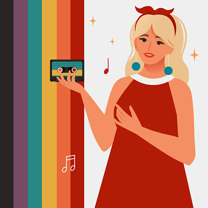 Woman with a compact cassette in her hand. Retro style vector illustration in flat style, template for music cover or other