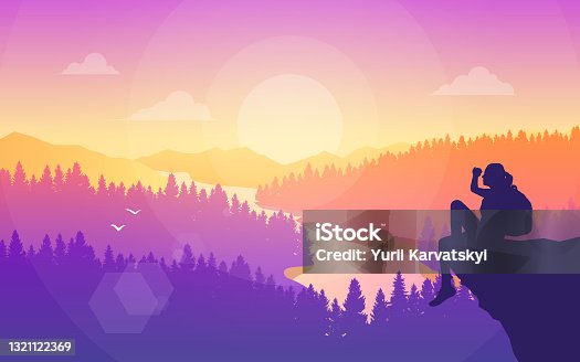 istock Woman with backpack sitting on a cliff. Vector polygonal landscape illustration, Minimalist style, Flat design. Travel concept of discovering, exploring, observing nature. Adventure tourism. Hiking 1321122369