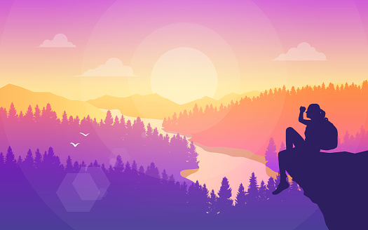 Woman with backpack sitting on a cliff. Vector polygonal landscape illustration, Minimalist style, Flat design. Travel concept of discovering, exploring, observing nature. Adventure tourism. Hiking