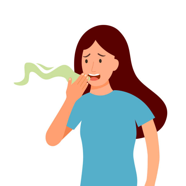 Woman with bad breath in flat design on white background. Smelly mouth concept vector illustration. Woman with bad breath in flat design on white background. Smelly mouth concept vector illustration. bad breath stock illustrations