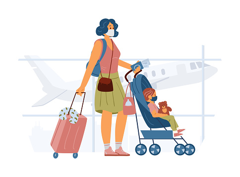 Woman With Child In Baby Stroller Wearing Protective Mask In Airport Going On Vacation
