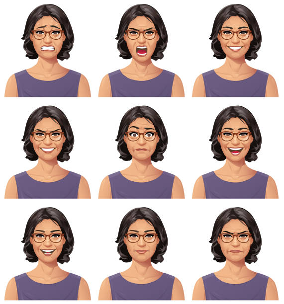 Woman With Glasses Portrait - Emotions Vector illustration of a young woman with glasses with nine different facial expressions: anxious, neutral, smiling, angry, furious/shouting, mean/smirking, talking, laughing, stunned/surprised. Portraits perfectly match each other and can be easily used for facial animation. Eyeglasses on seperate layer and can be removed. avatar clipart stock illustrations