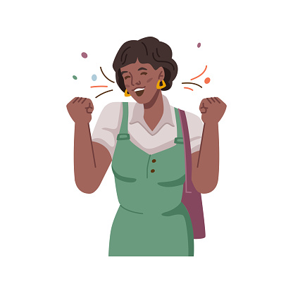 Woman with happy facial expressions celebrates good news and victory. Vector success and achievement of goals at work. Student or businesswoman with great mood, overjoyed and proud lady. Flat cartoon