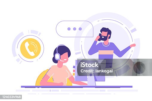 istock Woman with headset is sitting at her computer and  talking with client. Clients assistance, call center, hotline operator, consultant manager, technical support and customer care. Vector illustration. 1240334968