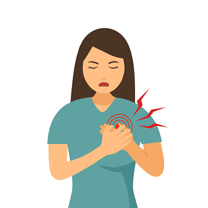 Woman with heart attack symptom in flat design. Female has heart disease and feel pain concept vector illustration on white background.