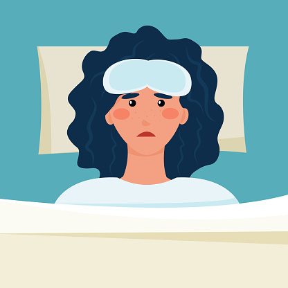 woman with insomnia. Frustrated cartoon character. Experience, anxiety, you need to take a vitamin for sleep. Vector illustration, flat