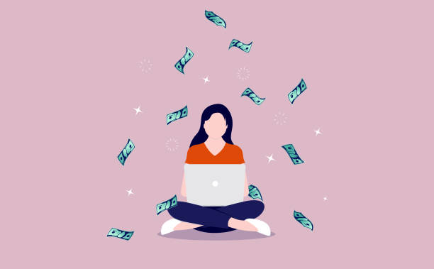 Woman with laptop and money Freelance girl earning money from online work. Influencer, investor, side hustle and remote work concept. Vector illustration wealth stock illustrations