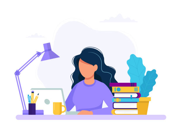 Woman with laptop, education or working concept. Table with books, lamp, coffee cup. Vector illustration in flat style Vector illustration in flat style woman on computer stock illustrations