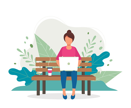 Woman with laptop sitting on the bench in nature and leaves. Concept illustration for freelance, working, studying, education, work from home, healthy lifestyle. Vector illustration in flat style