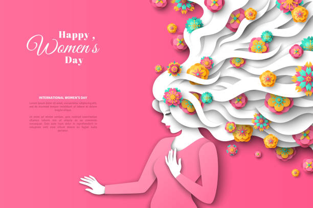 stockillustraties, clipart, cartoons en iconen met vrouw met papier knippen haren - womens day poster