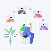 Woman with phone, communication in social networking, mobile and internet interaction. People and virtual connections, video chat. Male and female modern cartoon characters. Flat vector illustration.