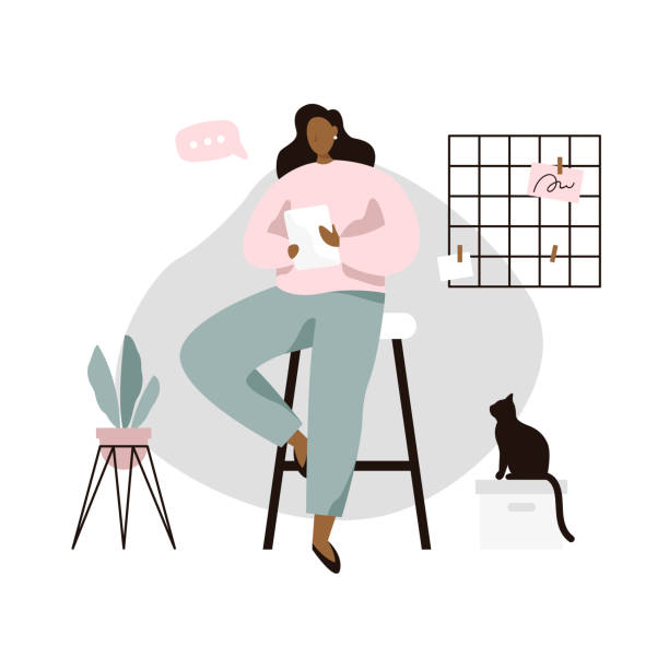 ilustrações de stock, clip art, desenhos animados e ícones de woman with tablet in cozy room. woman reading news or book on tablet. - book cat