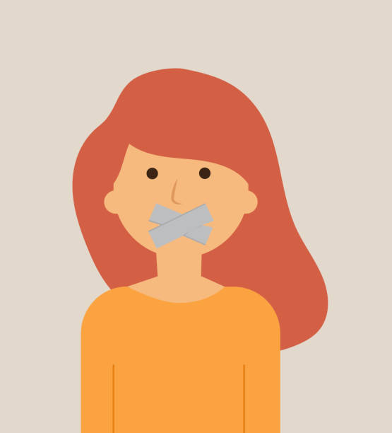 stockillustraties, clipart, cartoons en iconen met vrouw met band op mond, vectorillustratie - plakband mond