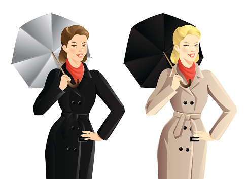 Smiling woman in trench-coat with umbrella vector