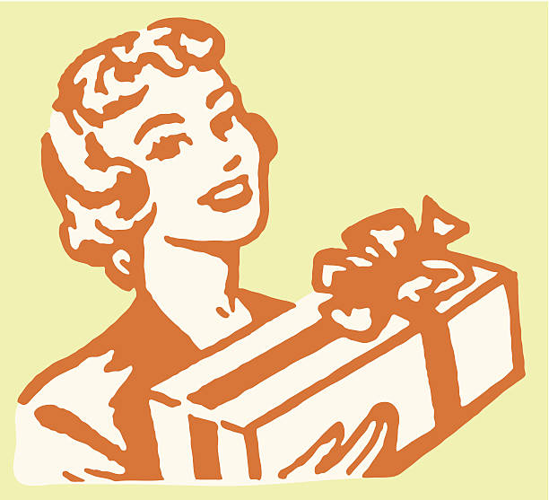 ilustrações de stock, clip art, desenhos animados e ícones de mulher com presente embrulhado - woman holding a christmas gift