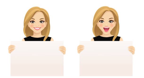 Woman witn board Beautiful smiling excited woman holding empty blank board isolated vector illustration blond hair stock illustrations