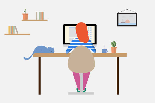 ilustrações, clipart, desenhos animados e ícones de mulher trabalhando em casa em um computador pessoal no quarto - home office