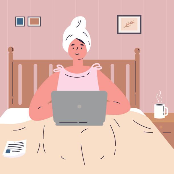 Woman working from home on laptop.Remote work A young woman works remotely from home.The woman is lying on the bed and working on a laptop.Girl is resting in a comfortable bedroom after a shower.Flat cartoon character.Colorful vector illustration small business saturday stock illustrations