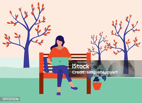 istock Woman Working On Laptop In The Park. Lifestyle Concept. Vector Illustration Flat Cartoon. 1317221226