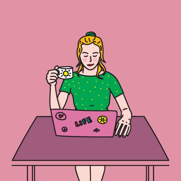 stockillustraties, clipart, cartoons en iconen met vrouw die aan laptop / vectorillustratie werkt - koffie nederland