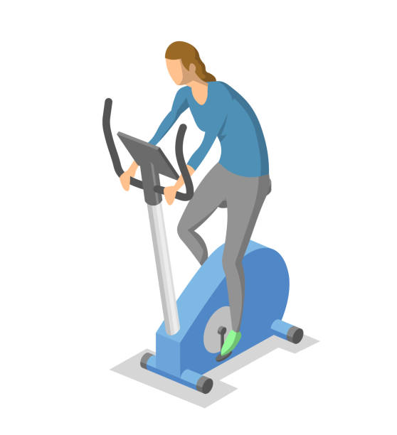 Woman working out on exercise bike, spin bike. Colorful isometric illlustration of fitness equipment in action. Flat vector illustration. Isolated on white background. Woman working out on exercise bike, spin bike. Isometric illlustration of fitness equipment in action. Flat vector illustration. Isolated on white background. peloton stock illustrations