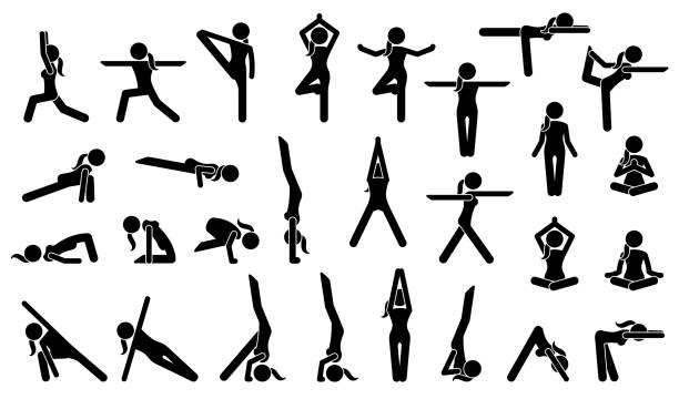 Woman Yoga Postures. Stick figure pictogram depicts various yoga positions, stance, poses, and workout. yoga icons stock illustrations