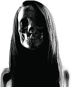 Illustration of a young zombie woman with long hair and x-ray skull face.