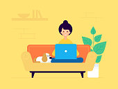 woman freelancer vector flat design character. Woman seating on the sofa with the laptop and the little funny dog. Modern working space. Modern flat design style.