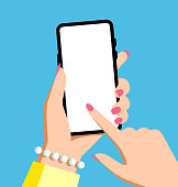 Flat style vector illustration of a female hand with smartphones and tapping screen with finger. The screen of the phones is empty, good for your graphic work. The digital display of the phone is white, ready to put your message, picture, logo or any other graphic.