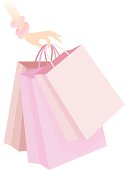 A hand holding 3 pink shopping bags. No gradients were used when creating this illustration.