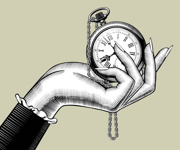 stockillustraties, clipart, cartoons en iconen met vrouw hand met een retro zakhorloge - woman horloge