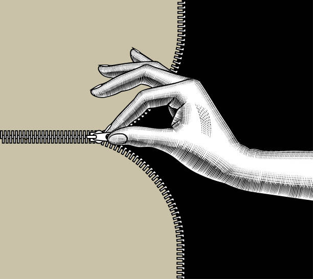 illustrazioni stock, clip art, cartoni animati e icone di tendenza di mano della donna zippata con le dita pizzicare il dispositivo di fissaggio scorrimento - pizzicotti