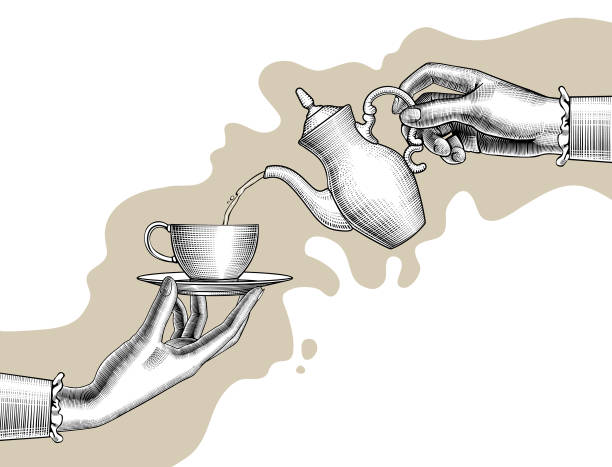 ilustrações, clipart, desenhos animados e ícones de mãos de mulher, com um bule de café e copa - chá