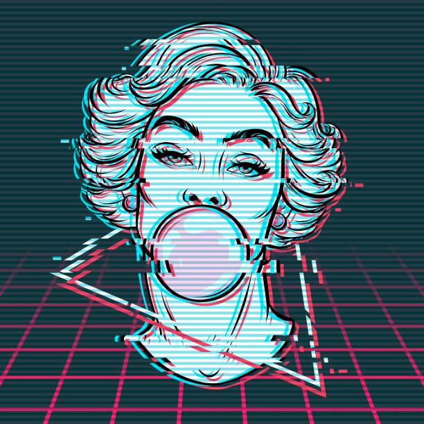ilustrações de stock, clip art, desenhos animados e ícones de woman's head in comic style blowing bubble gum. distorted image. - só adultos
