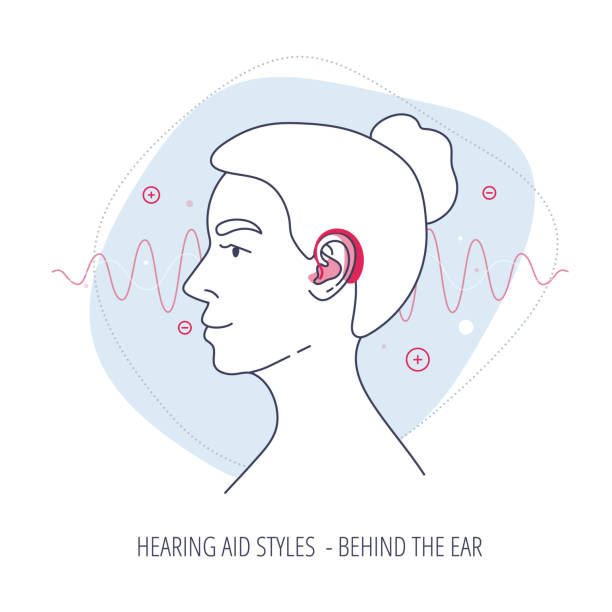 a womans head with behind the ear aid style for the hearing impaired with sound wave and abstract elements on the background. - hearing aids stock illustrations