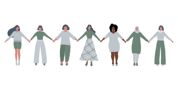 Women are holding hands. International Women's Day concept. Women's community vector art illustration