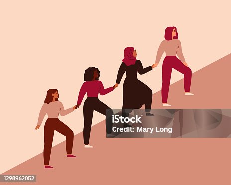 istock Women can do it. Four female characters walk up together and hold arms. Girls support each other. Friendship poster, the union of feminists and sisterhood. 1298962052