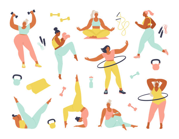 婦女不同的體型、年齡和種族活動。一套婦女做運動,瑜伽,慢跑,跳躍,伸展,健身。運動女性向量平面插圖隔離在白色背景。 - 健身運動 幅插畫檔、美工圖案、卡通及圖標