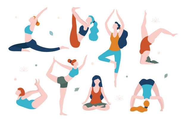 Women doing yoga in different poses vector flat illustration isolated on white background. Yoga for every woman. Women doing yoga in different poses vector flat illustration isolated on white background. Yoga for every woman yoga designs stock illustrations