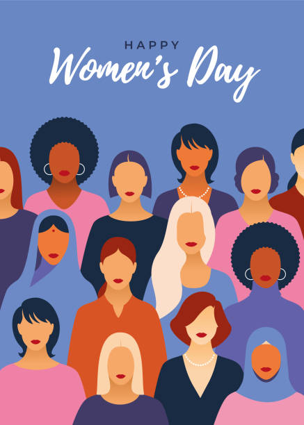 Female diverse faces of different ethnicity poster. Women empowerment movement pattern. International women’s day graphic in vector. Stock illustration