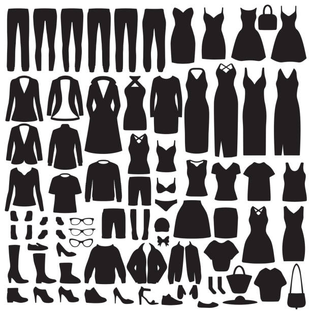 stockillustraties, clipart, cartoons en iconen met vrouwen mode kleding silhouet, jurk, shirt, schoenen, jeans, jas collectie - jurk