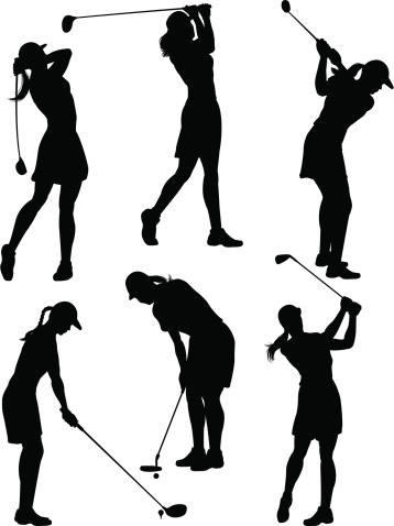 Vector art of silhouettes of women golfing in various poses.