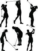 Vector art of silhouettes of women golfing in various poses.