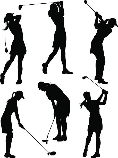 Women golfer silhouettes Vector art of silhouettes of women golfing in various poses. females stock illustrations